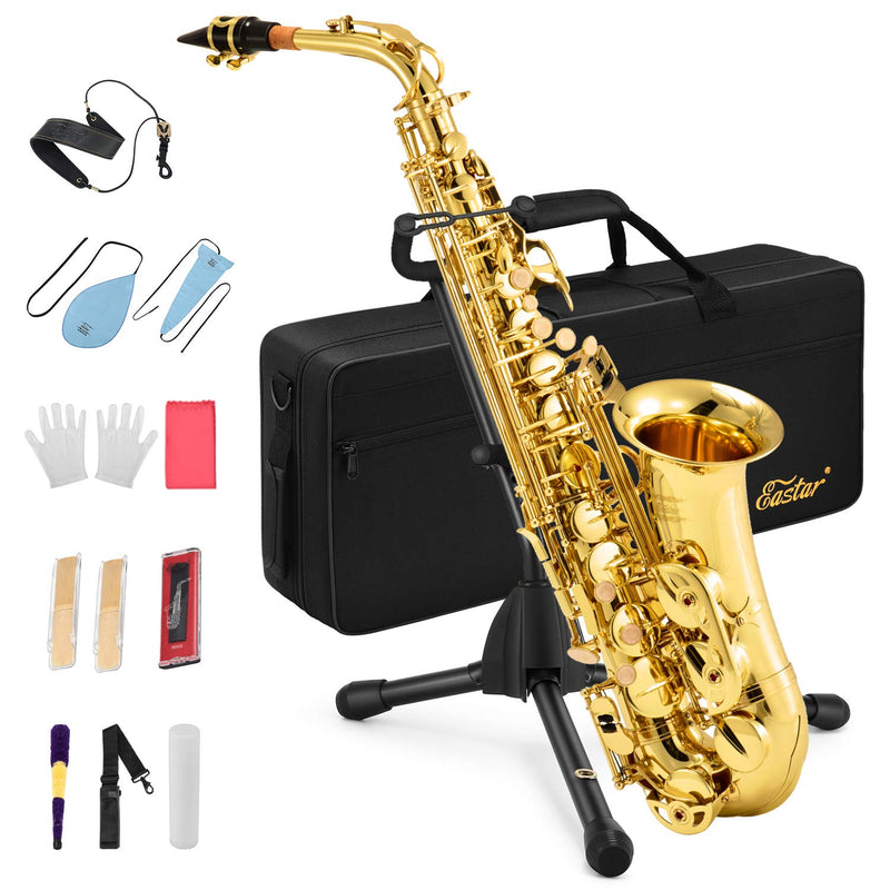 Eastar Alto Saxophone E Flat Student Sax Gold Lacquer With Carrying Case Mouthpiece Strap Reeds Stand Cork Grease(AS-Ⅱ)