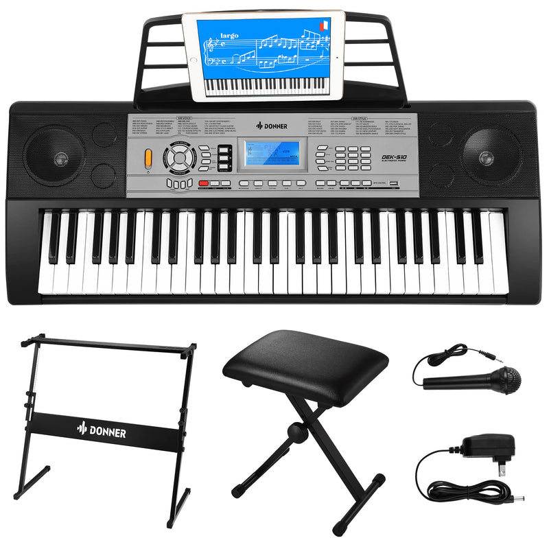 Donner 54 Key Keyboard Piano, Piano Keyboard for Beginner, Electronic Keyboard with Piano Stand/Stool, Sheet Music Stand, Microphone, Supports MP3/USB MIDI/Audio/Microphone/Headphones/Sustain Pedal